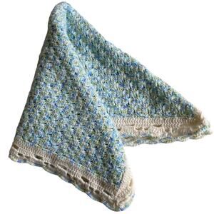 Crocheted Baby Blanket with Scalloped Edge Pastel Colors Handmade Blue & Green
